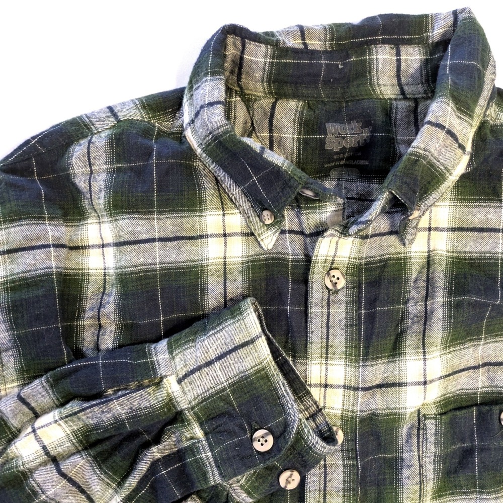 Work n Sport Mens XL Green Navy Blue Plaid Flannel Button Down Shirt Cotton